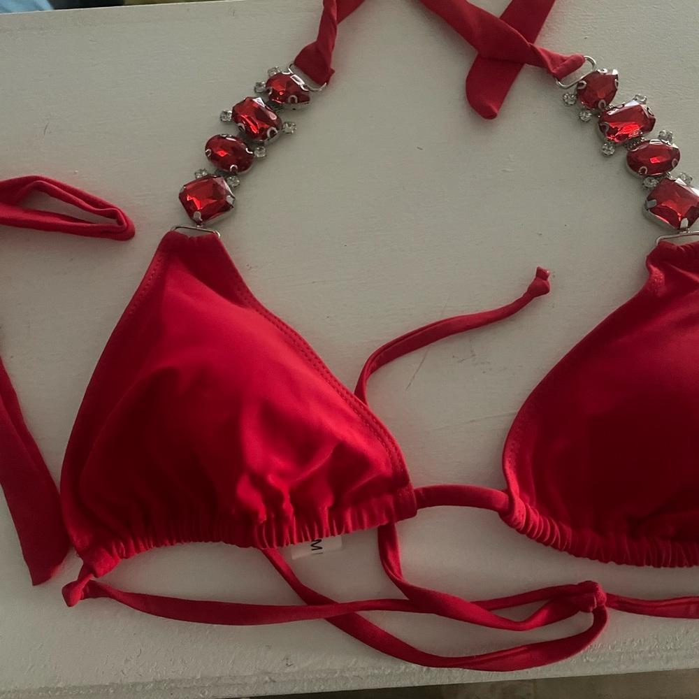 Red Bikini Top and bottom with Gem Accents